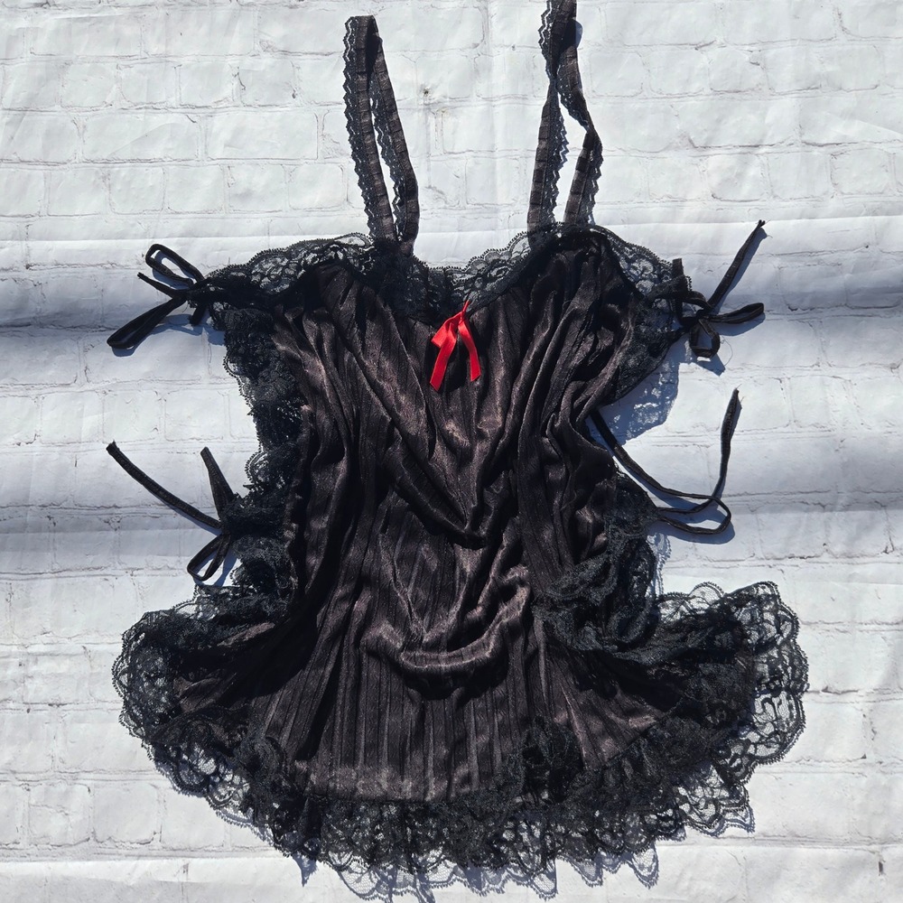 Vintage 90s Heart to Heart Black mesh Lace Tie Side Sheer Goth Babydoll XL